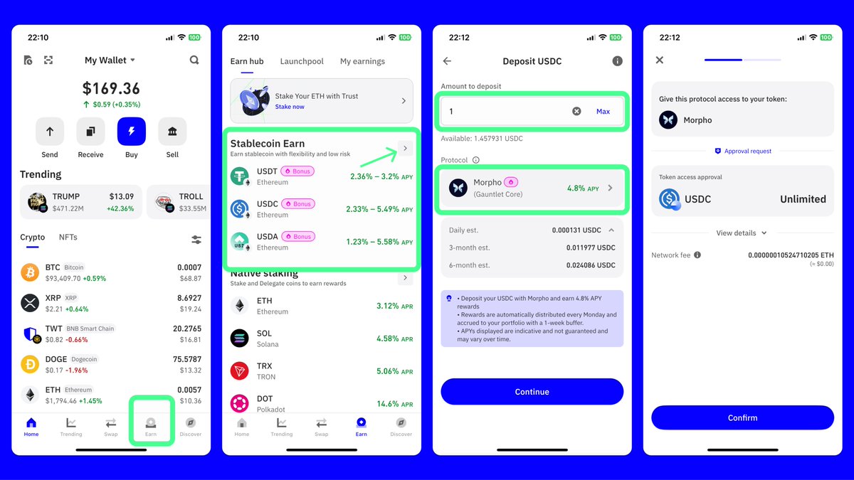 How to deposit your USDT, USDC, or USDA into Stablecoin Earn:

🔹 Open Trust Wallet and go to “Earn”
🔹 Select your stablecoin ($USDT, $USDC, or $USDA) and the network (Ethereum or Base)
🔹 Enter the amount you want to deposit (at least $5 equivalent to improve your chances!)
🔹