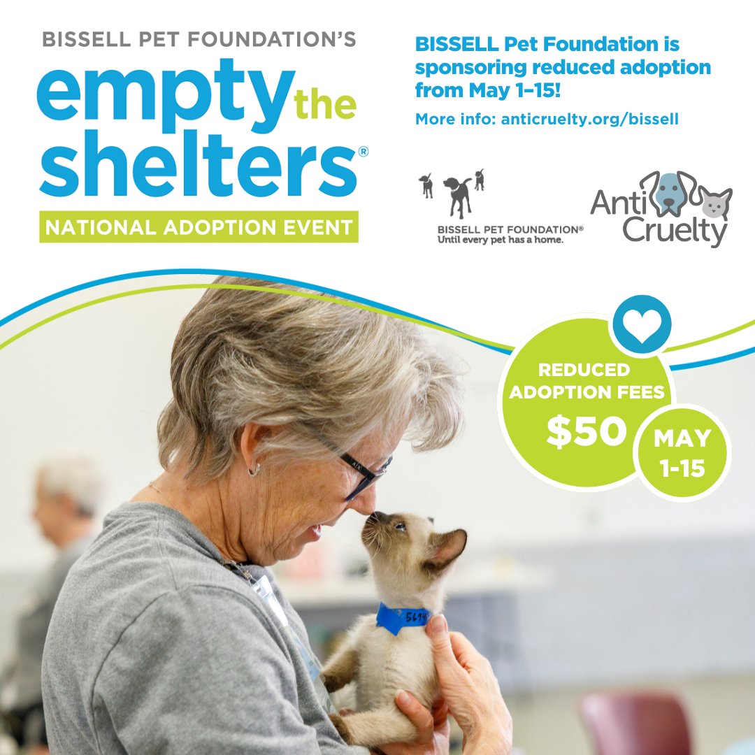 Anti-Cruelty (@anticruelty) on Twitter photo BREAKING MEWS & PAW-SOME NEWS: It’s time to Empty the Shelters, May 1–15 at Anti-Cruelty!
Thanks to our fur-tastic friends at BISSELL Pet Foundation and Cathy Bissell, adoption fees are just $50 for dogs, cats, puppies, and kittens. BREAKING MEWS & PAW-SOME NEWS: It’s time to Empty the Shelters, May 1–15 at Anti-Cruelty!
Thanks to our fur-tastic friends at BISSELL Pet Foundation and Cathy Bissell, adoption fees are just $50 for dogs, cats, puppies, and kittens.