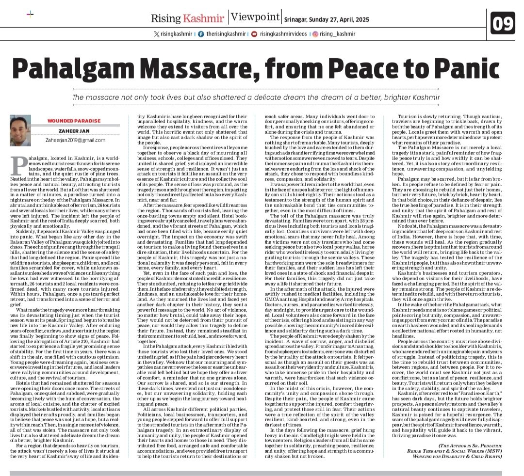 *Pahalgam Massacre, from Peace to Panic WOUNDED PARADISE*

*Writer Zaheer Jan*

Rising Kashmir
risingkashmir.com/pahalgam-massa…
