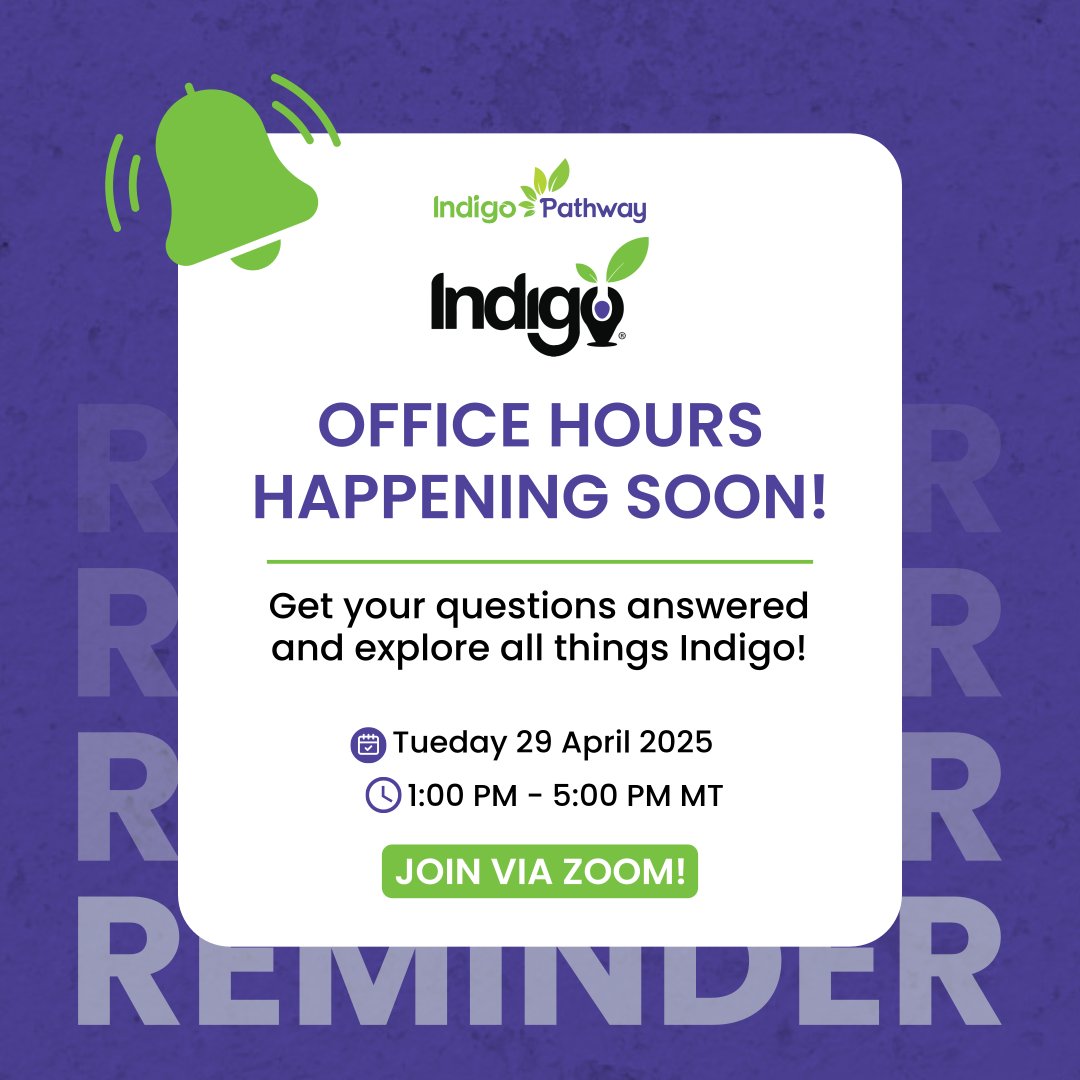 Reminder: Indigo Office Hours Are Tomorrow! 📣📣📣

Join Sueann on Zoom tomorrow, Tuesday, 29 April, from 1 to 5 PM MT for an open session! Ask questions, explore Indigo tools, and gain valuable insights to enhance your career journey.

Zoom link: us02web.zoom.us/j/84429570248?…