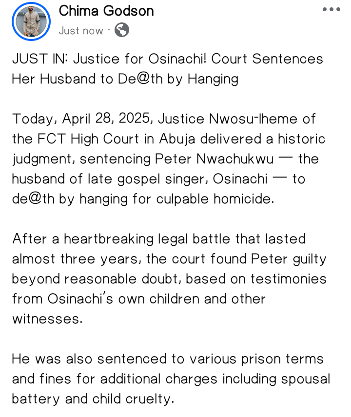 Officialcgodson's tweet photo. JUST IN: Justice for Osinachi! Court Sentences Her Husband to De@th by Hanging
#JusticeForOsinachi #EndDomesticViolence #TrendingNow #NigeriaNews #StopAbuse #ViolenceIsNotLove #BreakingNews #HumanRights #VoiceForTheVoiceless #GospelCommunity https://t.co/Vx0jBFwlRL