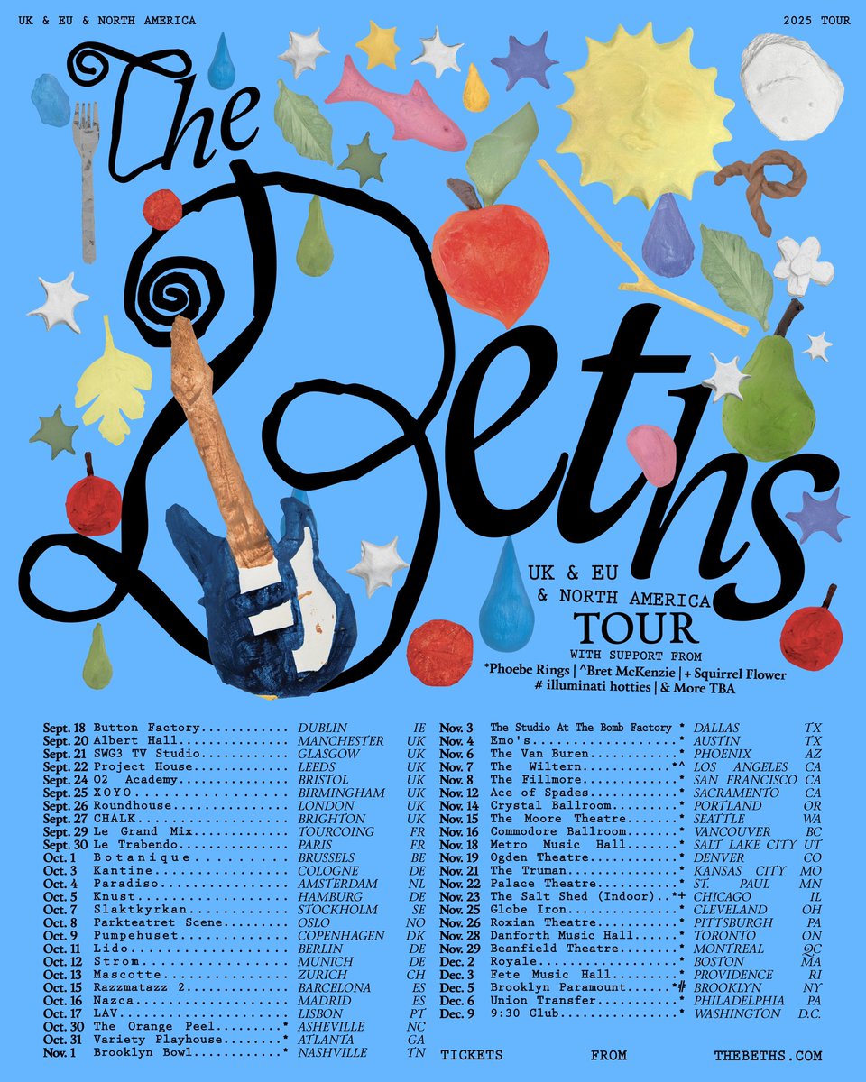 The Beths will tour across the UK, Europe, and North America in the fall with support from Phoebe Rings, Bret McKenzie, Squirrel Flower, and illuminati hotties. Artist pre-sale starts this Wednesday at 10am local time, RSVP to receive a pre-sale code: thebeths.ffm.to/tour