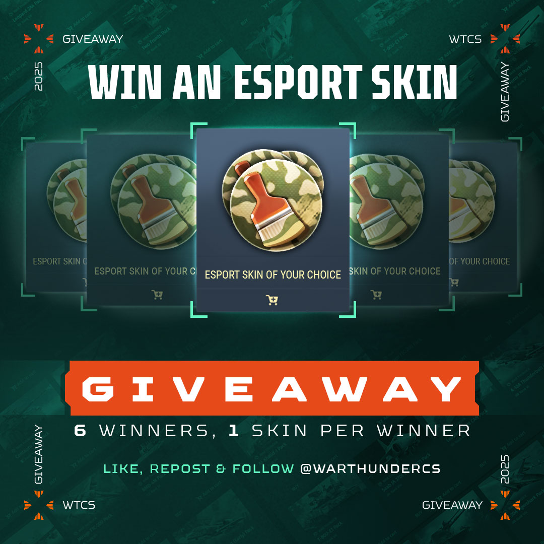War Thunder Championship Series (@warthundercs) on Twitter photo 🎁WAR THUNDER GIVEAWAY ALERT🎁
You want to be seen in battle ? Try to win an esport skin of your choice !
In order to participate :
❤️Like this post
🔁Retweet
✅Follow <a href="/WarThunderCS/">War Thunder Championship Series</a>
📅Winner will be contacted in DMs and announced in this post comments on May 08. 🎁WAR THUNDER GIVEAWAY ALERT🎁
You want to be seen in battle ? Try to win an esport skin of your choice !
In order to participate :
❤️Like this post
🔁Retweet
✅Follow <a href="/WarThunderCS/">War Thunder Championship Series</a>
📅Winner will be contacted in DMs and announced in this post comments on May 08.