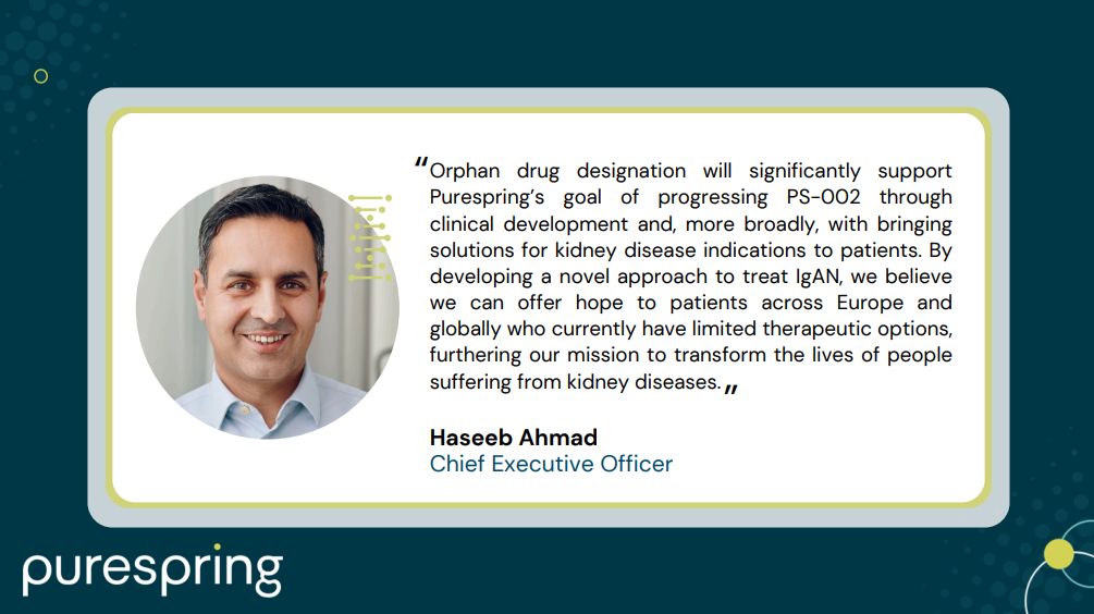 BioIndustry Association (BIA) (@bia_uk) on Twitter photo BIA member <a href="/Purespringtx/">Purespring</a> has announced that the European Medicines Agency (EMA) has granted Orphan Drug Designation to PS-002, their lead programme for IgA nephropathy (IgAN), a major step forward in advancing treatments for #Kidneydiseases ➡️ shorturl.at/DO3gK BIA member <a href="/Purespringtx/">Purespring</a> has announced that the European Medicines Agency (EMA) has granted Orphan Drug Designation to PS-002, their lead programme for IgA nephropathy (IgAN), a major step forward in advancing treatments for #Kidneydiseases ➡️ shorturl.at/DO3gK