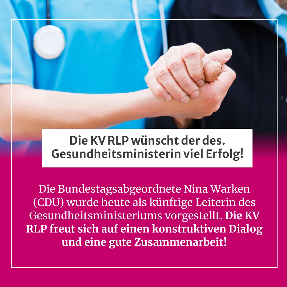 Alles Gute, <a href="/ninawarken/">Nina Warken</a>! 🩺🇩🇪 Die #KVRLP wünscht der des. #Gesundheitsministerin viel Erfolg für die bevorstehenden Aufgaben. Als Expertin für die #ambulanteVersorgung steht die #KVRLP für konstruktiven Austausch bereit.
