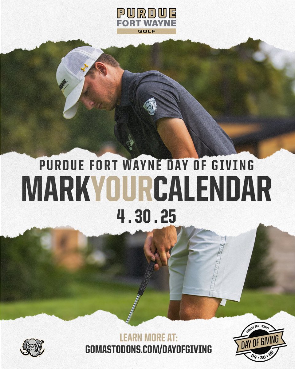 MastodonMGolf's tweet image. 𝗠𝗮𝗿𝗸 𝘆𝗼𝘂𝗿 𝗰𝗮𝗹𝗲𝗻𝗱𝗮𝗿!
Purdue Fort Wayne’s Day of Giving is THIS Wednesday, April 30.
You can help make a difference in the Mastodon men's golf program.
🔗GoMastodons.com/DayOfGiving
#PFWDayOfGiving