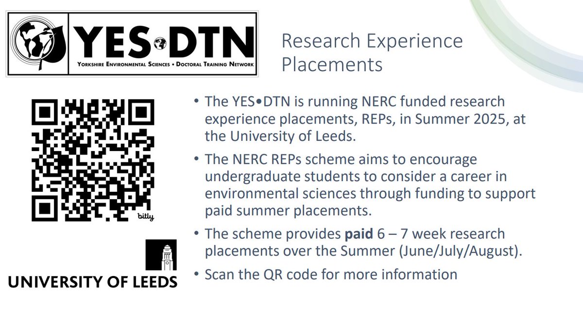 Calling ALL undergraduates: 

3 x PAID summer research placements in Natural Sciences at the University of Leeds.

Apply by 19 May 2025.
yes-dtn.ac.uk/nerc-funded-su…
