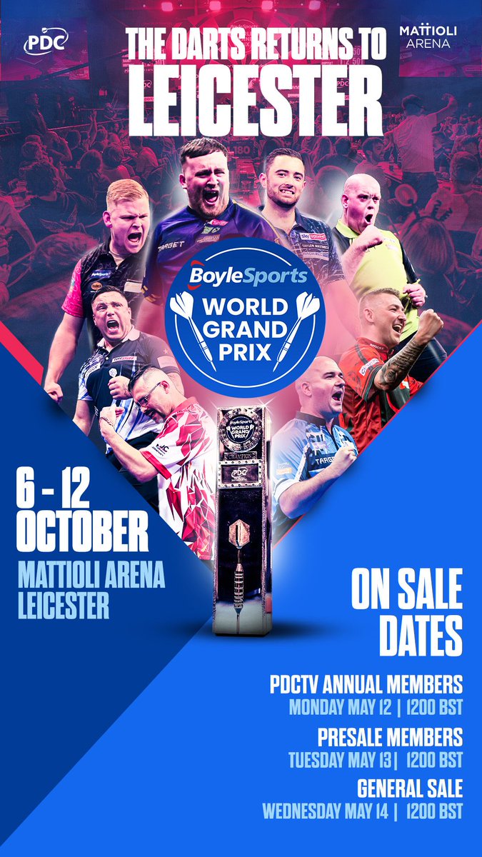 🎯  are returning 💥 
World Grand Prix of Darts is returning to Leicester in October.

The @officialpdc BoyleSports World Grand Prix of Darts returns to the Mattioli Arena 6-12 October and you can ** REGISTER FOR TICKETS NOW**

Register here: buff.ly/Un2ZsK2