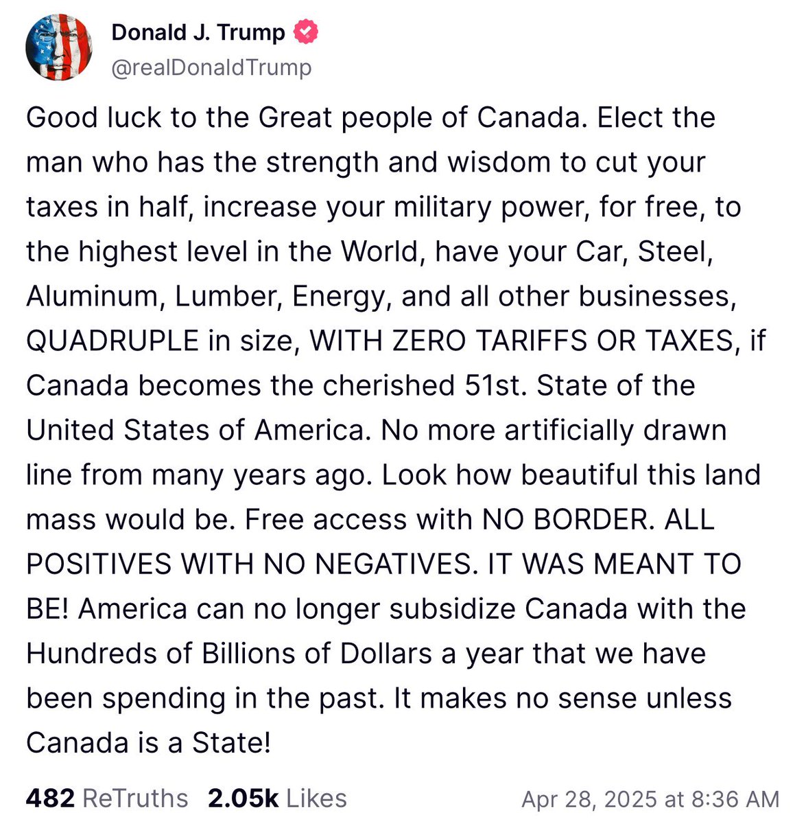 Before you vote today, read this. This is real. This isn't fake news or AI. This is a narcissist with authoritarian ideas. He wants everything we have and wants you to elect the man that has his agenda. We have the power to say no. Use your vote today to say NO. #CanadaStrong