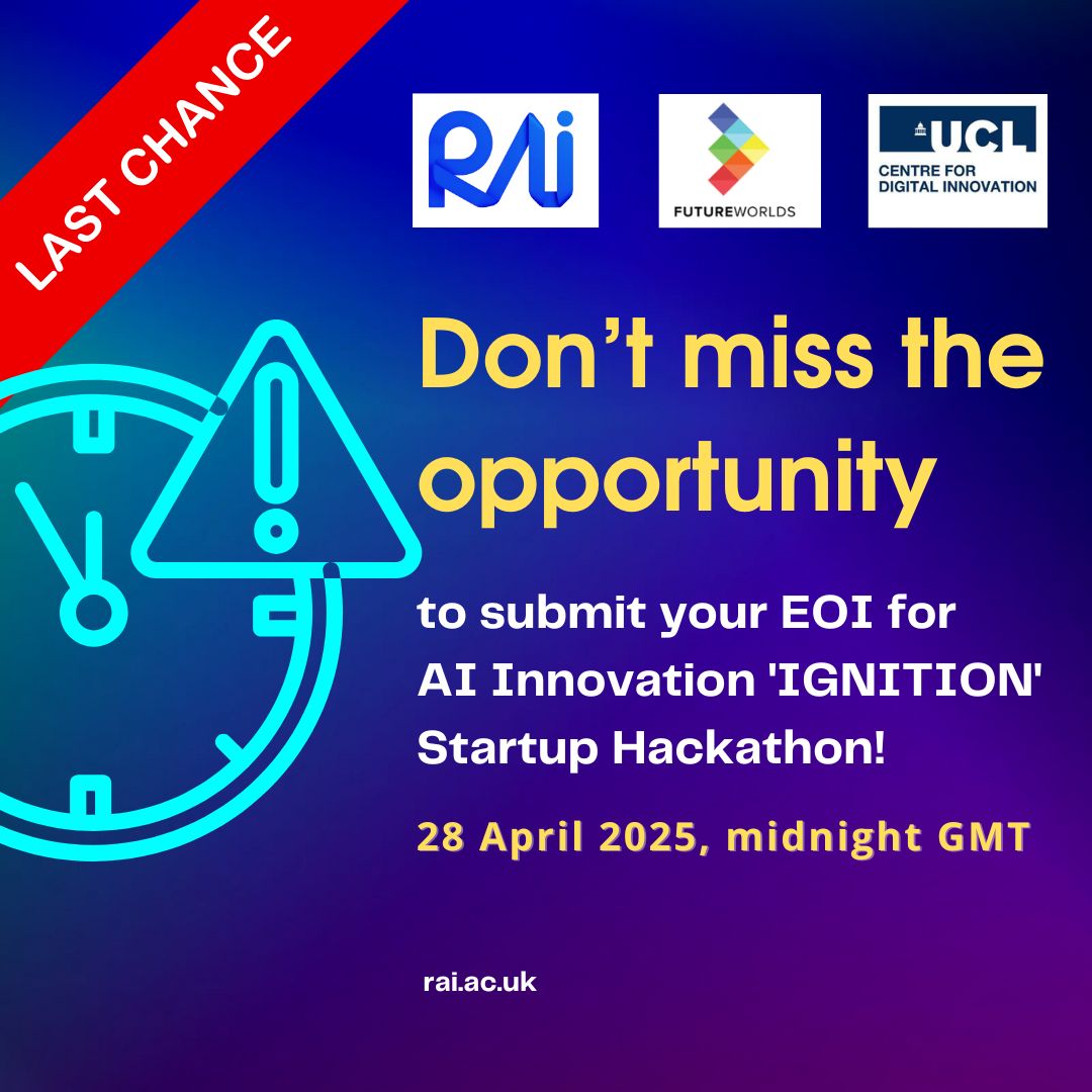 Responsible Ai UK (@responsibleaiuk) on Twitter photo ⏰FINAL REMINDER: Still thinking about applying? Still refining your idea? TONIGHT, April 28th is your absolute last chance to submit your Expression of Interest for the groundbreaking IGNITION #AI Startup Hackathon! <a href="/FutureWorlds/">Future Worlds</a> <a href="/UCL_CDI/">UCL Centre for Digital Innovation</a>
🌐 Apply: lnkd.in/g9phxB9c ⏰FINAL REMINDER: Still thinking about applying? Still refining your idea? TONIGHT, April 28th is your absolute last chance to submit your Expression of Interest for the groundbreaking IGNITION #AI Startup Hackathon! <a href="/FutureWorlds/">Future Worlds</a> <a href="/UCL_CDI/">UCL Centre for Digital Innovation</a>
🌐 Apply: lnkd.in/g9phxB9c