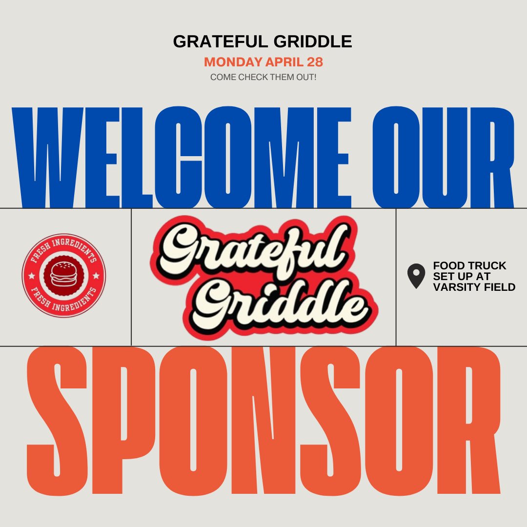 Today’s Game (Orange vs. Liberty) Guest Concession Vendor…

🤝 Grateful Griddle

Come out and support! See you there!

#OrangeBaseball | #ICCU