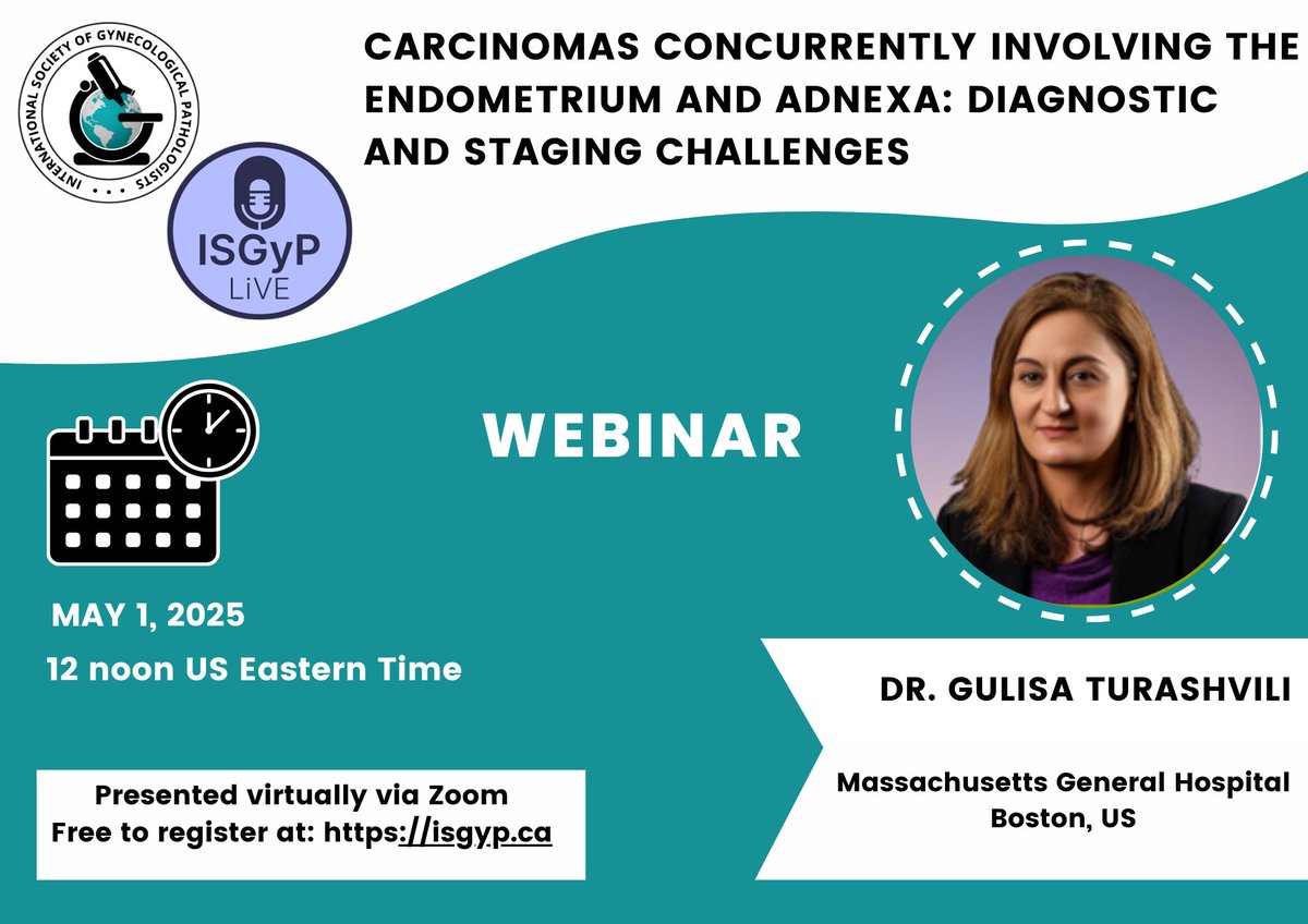 International Society of Gynecologic Pathologists (@isgynp) on Twitter photo Announcing a free <a href="/ISGynP/">International Society of Gynecologic Pathologists</a> sponsored live virtual webinar on 05/01 by Dr. Turashvili "Carcinomas concurrently involving endometrium and adnexa: Diagnostic and staging challenges". Register now at isgyp.ca #gynpath #pathtwitter #pathology Announcing a free <a href="/ISGynP/">International Society of Gynecologic Pathologists</a> sponsored live virtual webinar on 05/01 by Dr. Turashvili "Carcinomas concurrently involving endometrium and adnexa: Diagnostic and staging challenges". Register now at isgyp.ca #gynpath #pathtwitter #pathology