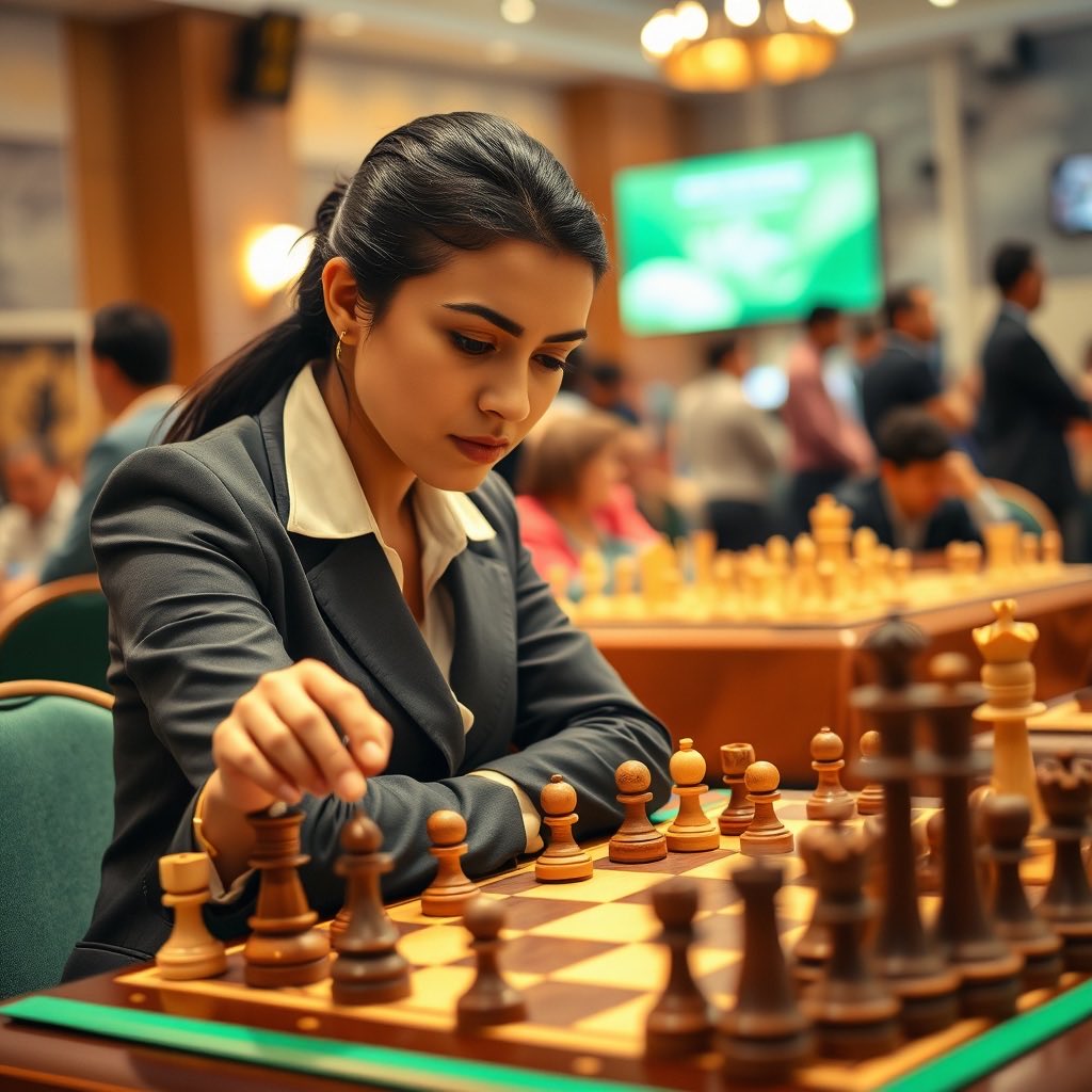 SedlackTamara's tweet photo. Here is the image of a Puerto Rican woman, focused and poised, hitting the stop clock on a chess board during an intense match. I hope you like it! #askai #chataskai #codeway https://t.co/J5L5ysKo2d