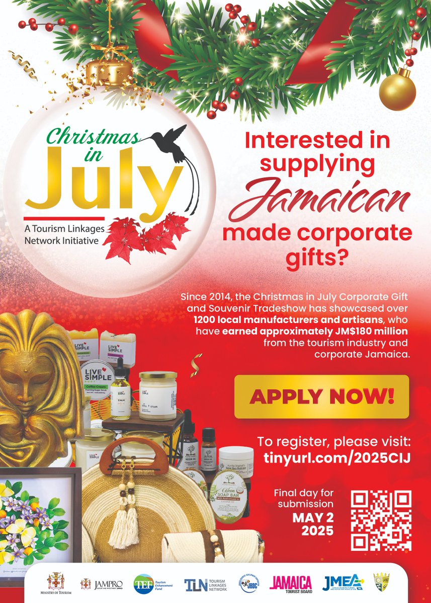 Jamaica Manufacturers and Exporters Association (@thejmea_) on Twitter photo Calling All Local Businesses! 🎁✨
Don’t miss out on the opportunity to showcase your products at the Christmas in July 2025 Tradeshow, hosted by the Tourism Linkages Network, a division of the <a href="/TEFJamaica/">Tourism Enhancement Fund Jamaica</a>.
📅 Deadline: May 2, 2025
🔗 Apply now: tinyurl.com/2025CIJ Calling All Local Businesses! 🎁✨
Don’t miss out on the opportunity to showcase your products at the Christmas in July 2025 Tradeshow, hosted by the Tourism Linkages Network, a division of the <a href="/TEFJamaica/">Tourism Enhancement Fund Jamaica</a>.
📅 Deadline: May 2, 2025
🔗 Apply now: tinyurl.com/2025CIJ