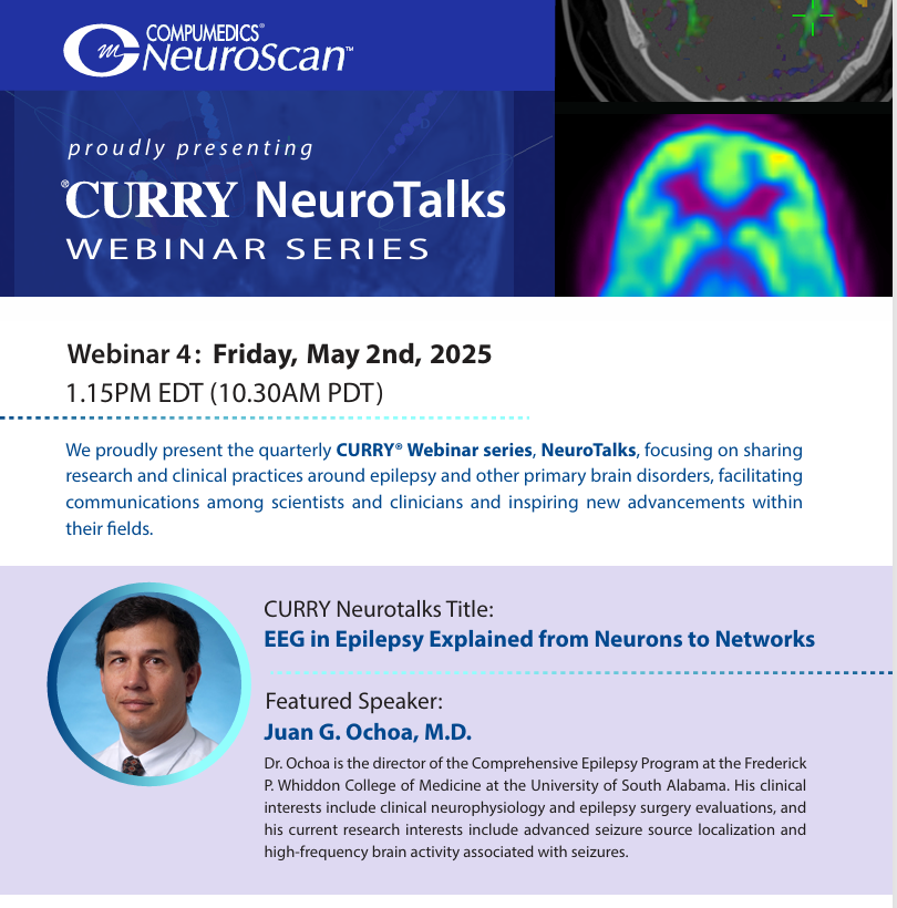 Compumedics USA Neuroscan team is excited to continue our quarterly CURRY Webinar series, NeuroTalks. These free webinars are designed to share research and clinical practices related to epilepsy and other primary brain disorders. Register here: register.gotowebinar.com/register/63277…