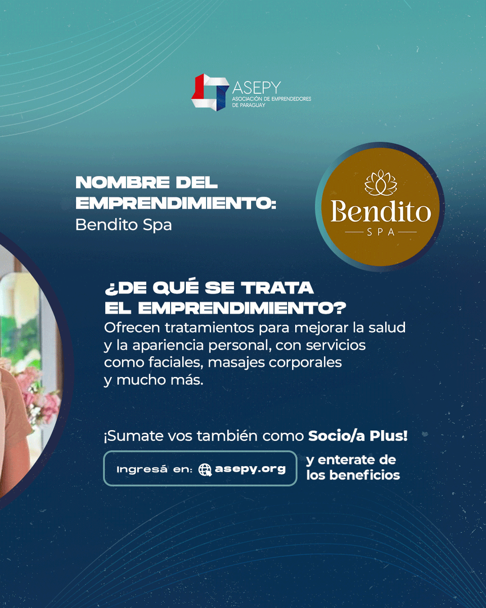 Damos la bienvenida a Ana Belén Benítez Espinoza como socia PLUS! ✨
➡ Ana Belén es propietaria de Bendito Spa, donde ofrecen tratamientos para mejorar la salud y la apariencia personal, con servicios como faciales, masajes corporales y mucho más. 🤩
📲 Más info : @bendito_sp
