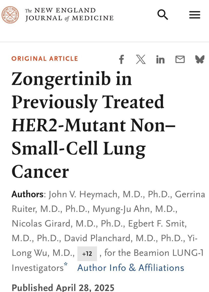 🔥🚨<a href="/OncoAlert/">OncoAlert</a> Hot Off The Press.

Just published <a href="/NEJM/">NEJM</a> 
 
Results of:
⭐️ #Beamion LUNG-1 phase 1a–1b of:

#Zongertinib
(#Oral, irreversible, HER2 #TKI)
in previously treated  #Patients with advanced #HER2-mutant non-small- cell #LungCancer (#NSCLC).

👇🏻
nejm.org/doi/full/10.10…