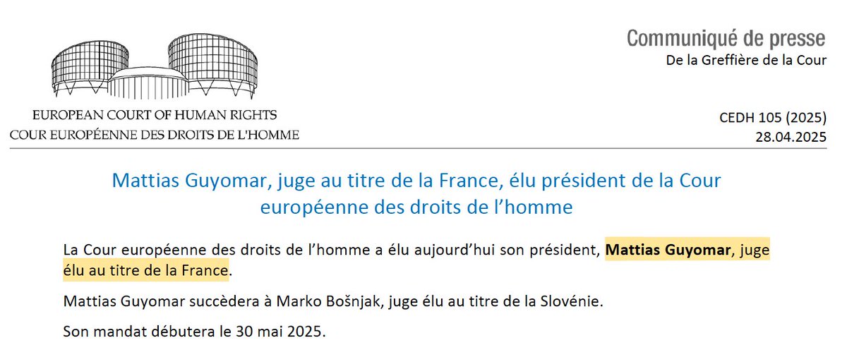 Nicolas Hervieu (@n_hervieu) on Twitter photo Important : Mattias Guyomar est élu Président de la Cour européenne des droits de l'homme.
Après René Cassin & Jean-Paul Costa, c'est la 3ème fois qu'un juge français présidera aux destinées de la Cour de Strasbourg.
(Et comme les fois précédentes, il est issu du <a href="/Conseil_Etat/">Conseil d'État</a>) Important : Mattias Guyomar est élu Président de la Cour européenne des droits de l'homme.
Après René Cassin & Jean-Paul Costa, c'est la 3ème fois qu'un juge français présidera aux destinées de la Cour de Strasbourg.
(Et comme les fois précédentes, il est issu du <a href="/Conseil_Etat/">Conseil d'État</a>)