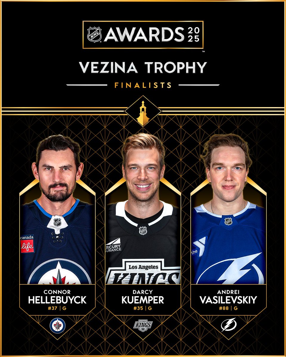 NHL's tweet image. Connor Hellebuyck, Darcy Kuemper, and Andrei Vasilevskiy are your Vezina Trophy finalists! #NHLAwards

The Vezina Trophy is awarded every year “to the goaltender adjudged to be the best at his position". 👏