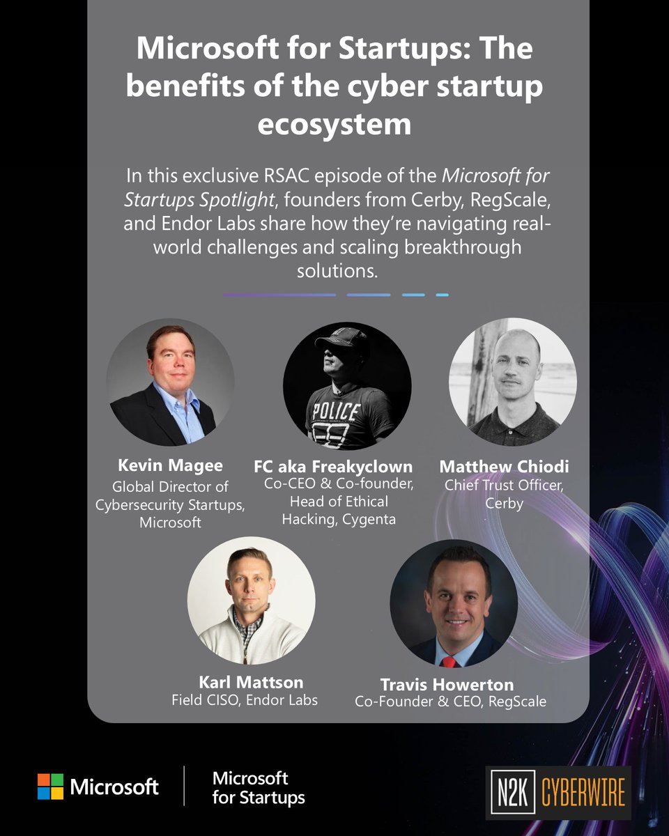 Microsoft for Startups (@msft4startups) on Twitter photo How are founders scaling cybersecurity innovation? 🎙️
Hear from <a href="/kevinamagee/">Kevin Magee</a>, FC (aka Freakyclown) (<a href="/CygentaHQ/">Cygenta</a>), <a href="/mattchiodi/">Matt Chiodi</a> (<a href="/CerbyHQ/">Cerby</a>), Travis Howerton (<a href="/RegScale/">RegScale</a>), and Karl Mattson (<a href="/EndorLabs/">Endor Labs</a>) in this exclusive <a href="/RSAConference/">RSA Conference</a> edition of the Microsoft for Startups Spotlight How are founders scaling cybersecurity innovation? 🎙️
Hear from <a href="/kevinamagee/">Kevin Magee</a>, FC (aka Freakyclown) (<a href="/CygentaHQ/">Cygenta</a>), <a href="/mattchiodi/">Matt Chiodi</a> (<a href="/CerbyHQ/">Cerby</a>), Travis Howerton (<a href="/RegScale/">RegScale</a>), and Karl Mattson (<a href="/EndorLabs/">Endor Labs</a>) in this exclusive <a href="/RSAConference/">RSA Conference</a> edition of the Microsoft for Startups Spotlight