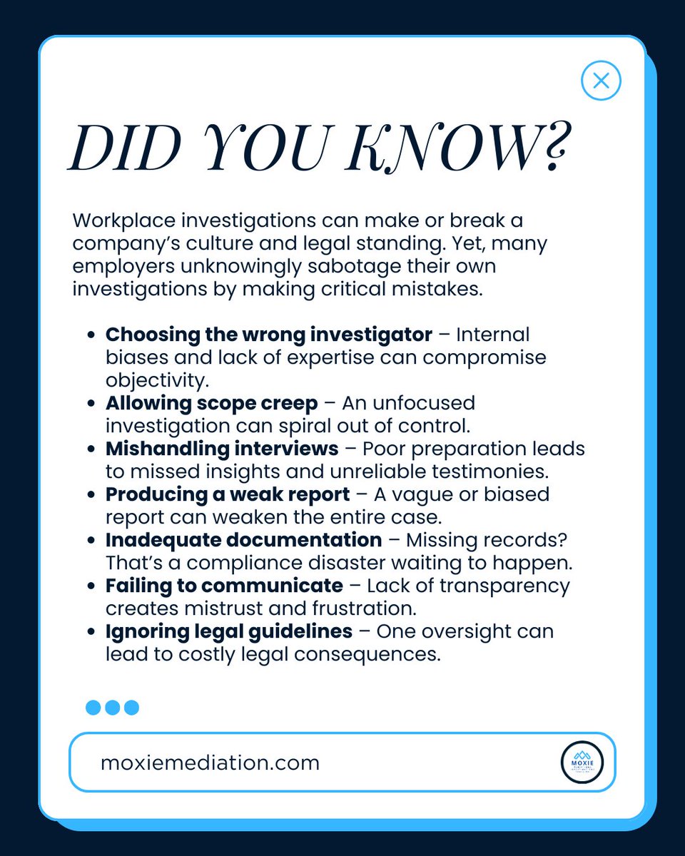 ✅ The solution? A structured, fair, and legally compliant approach that ensures every investigation maintains integrity and effectiveness.

💡 Contact Moxie to learn more about our workplace investigation services! moxiemediation.com/services/workp… #WorkplaceInvestigations #HRCompliance