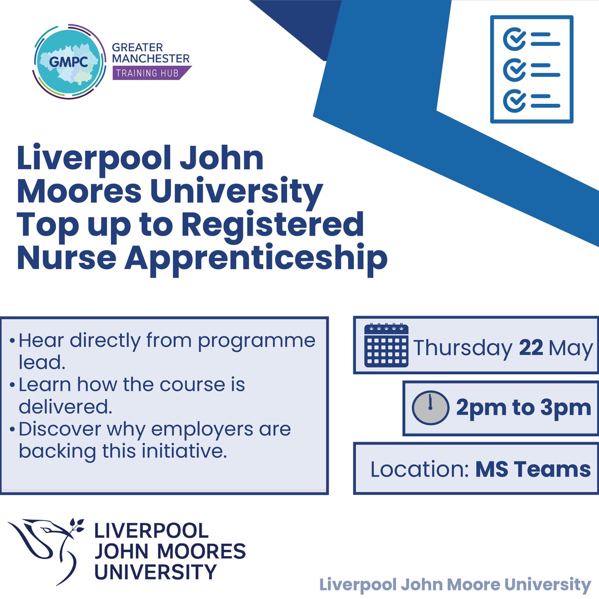 Are you thinking about progressing your nursing career? 👩‍⚕️👨‍⚕️

Join Liverpool John Moores University for a free webinar all about the Top-up to Registered Nurse Apprenticeship!
📆 Thursday, 22 May
🕑 2pm to 3pm

Save the link here 👉 loom.ly/bT2crnk
