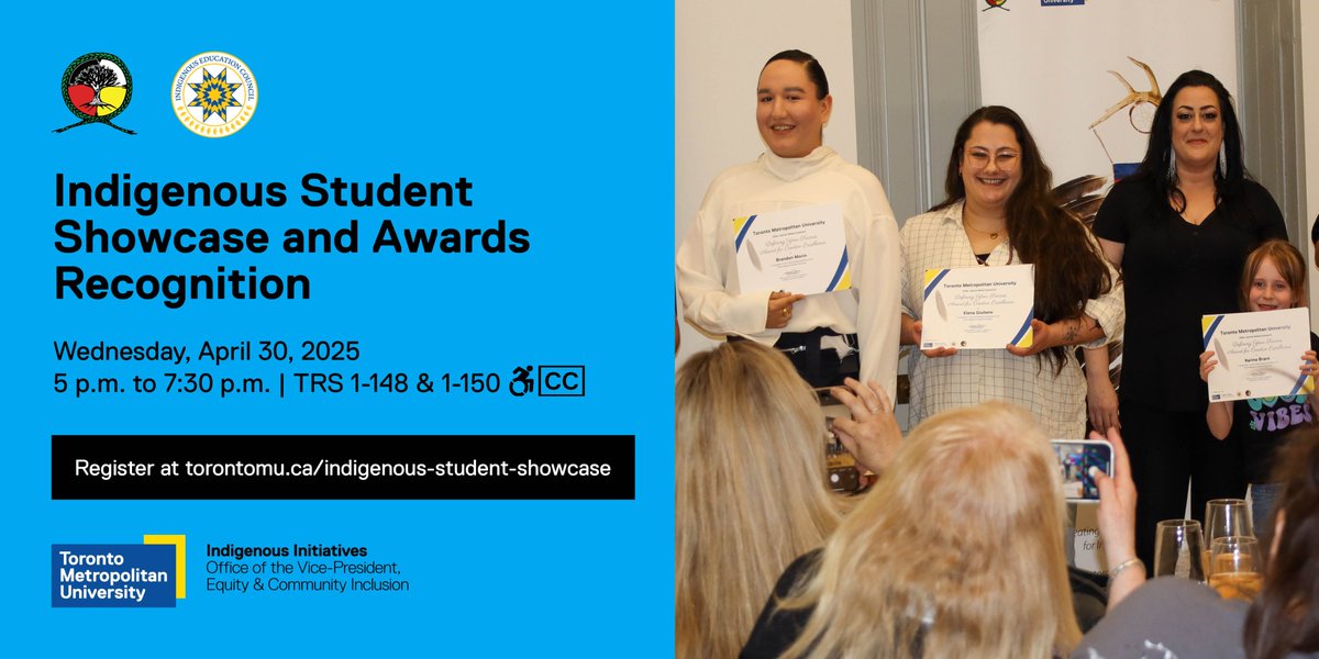 TMU's Vice-President, Equity & Community Inclusion (@ecitorontomet) on Twitter photo Don't miss this year's 14th Annual Indigenous Student Showcase and Awards Recognition on Wednesday, April 30 from 5 p.m. to 7:30 p.m. in TRS Commons! Wheelchair accessible and live captioning provided. Register at torontomu.ca/indigenous-stu….
<a href="/TMU_Indigenous/">TMU Indigenous Student Services</a> Don't miss this year's 14th Annual Indigenous Student Showcase and Awards Recognition on Wednesday, April 30 from 5 p.m. to 7:30 p.m. in TRS Commons! Wheelchair accessible and live captioning provided. Register at torontomu.ca/indigenous-stu….
<a href="/TMU_Indigenous/">TMU Indigenous Student Services</a>