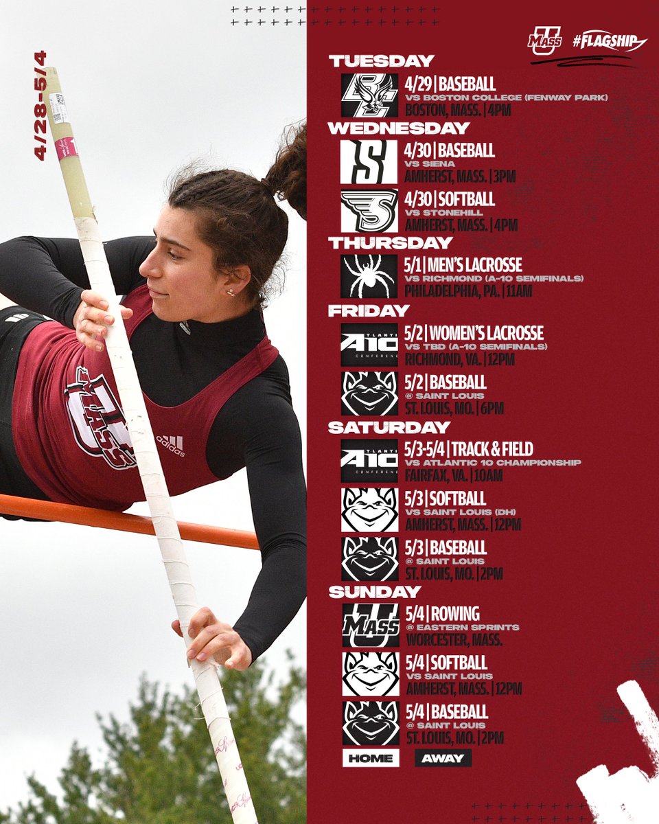 A-10 Championship week for <a href="/UMassMLacrosse/">UMass Men's Lacrosse</a>, <a href="/UMassLacrosse/">UMass Women's Lacrosse</a>, and <a href="/UMass_XC_TF/">UMass XC/T&F</a>!

📅 bit.ly/3ZsW00c

#Flagship 🚩