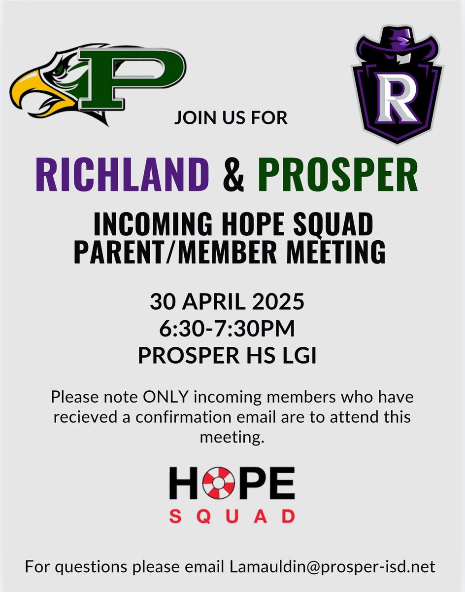 Reminder for our incoming parent/member meeting for Richland &amp; Prosper Hope Squad!