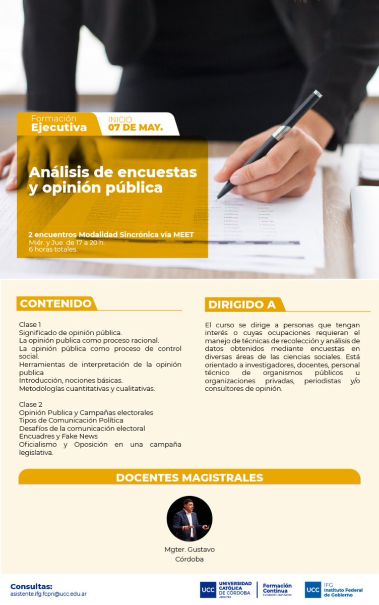Instituto Federal de Gobierno UCC (@ifgucc) on Twitter photo 📣 7/5 inicia "𝗔𝗻á𝗹𝗶𝘀𝗶𝘀 𝗱𝗲 𝗲𝗻𝗰𝘂𝗲𝘀𝘁𝗮𝘀 𝘆 𝗼𝗽𝗶𝗻𝗶ó𝗻 𝗽ú𝗯𝗹𝗶𝗰𝗮” con <a href="/gustavolcordoba/">Gustavo Córdoba</a>.
Inscripciones: fjs.ucc.edu.ar/analisis-de-en…
Este curso es parte del 𝗖𝗶𝗰𝗹𝗼 𝗱𝗲 𝗳𝗼𝗿𝗺𝗮𝗰𝗶ó𝗻 𝗲𝗻 𝗰𝗮𝗺𝗽𝗮ñ𝗮𝘀 𝗲𝗹𝗲𝗰𝘁𝗼𝗿𝗮𝗹𝗲𝘀 dirigido por <a href="/maRIOrioRDA/">maRIO rioRDA</a> 📣 7/5 inicia "𝗔𝗻á𝗹𝗶𝘀𝗶𝘀 𝗱𝗲 𝗲𝗻𝗰𝘂𝗲𝘀𝘁𝗮𝘀 𝘆 𝗼𝗽𝗶𝗻𝗶ó𝗻 𝗽ú𝗯𝗹𝗶𝗰𝗮” con <a href="/gustavolcordoba/">Gustavo Córdoba</a>.
Inscripciones: fjs.ucc.edu.ar/analisis-de-en…
Este curso es parte del 𝗖𝗶𝗰𝗹𝗼 𝗱𝗲 𝗳𝗼𝗿𝗺𝗮𝗰𝗶ó𝗻 𝗲𝗻 𝗰𝗮𝗺𝗽𝗮ñ𝗮𝘀 𝗲𝗹𝗲𝗰𝘁𝗼𝗿𝗮𝗹𝗲𝘀 dirigido por <a href="/maRIOrioRDA/">maRIO rioRDA</a>