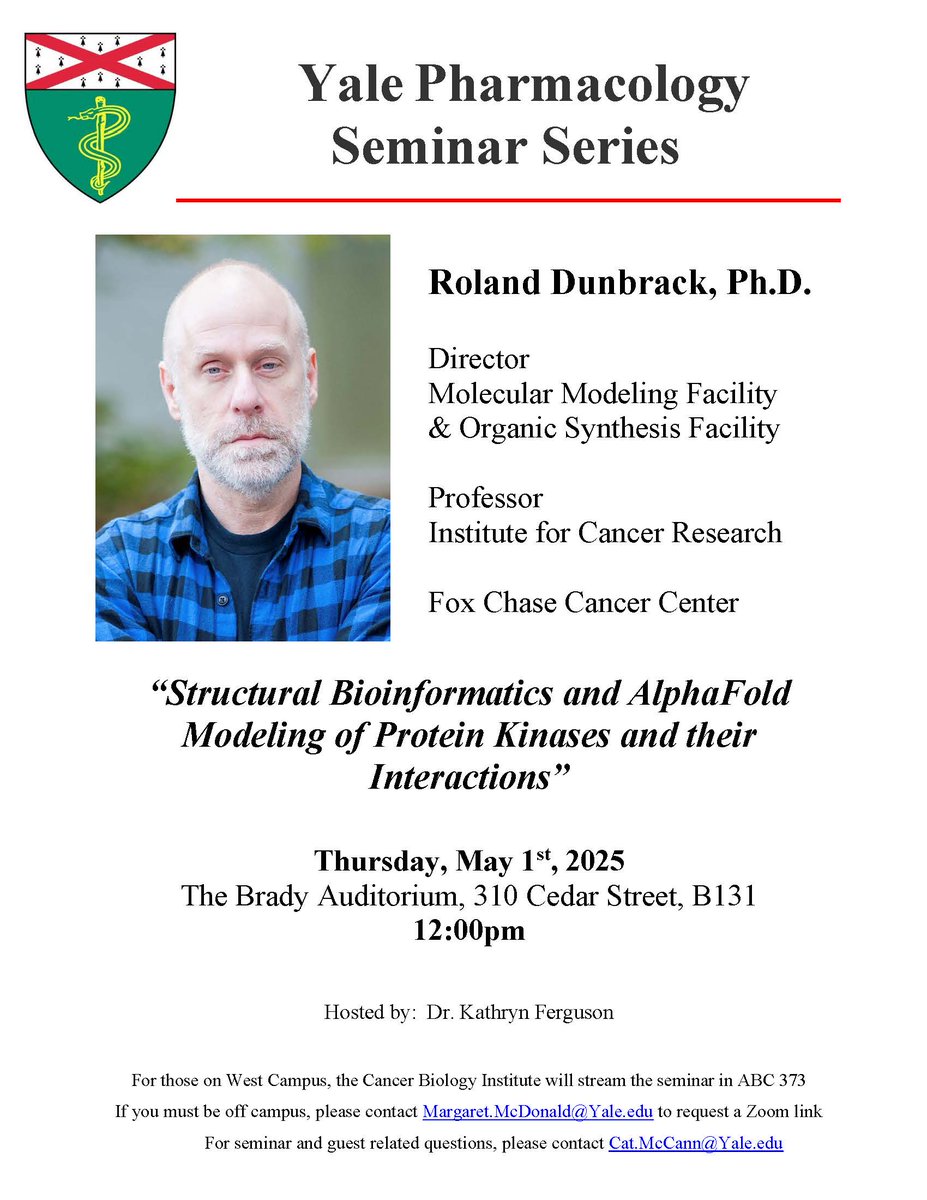 Yale Pharmacology (@yalepharm) on Twitter photo Join us in welcoming our next 2025 Pharmacology Seminar Series speaker, Roland Dunbrack (<a href="/RolandDunbrack/">Roland Dunbrack 🏳️🌈 @rolanddunbrack.bsky.social</a>). He will be presenting his work at 12 pm on Thursday, May 1st in the Brady Auditorium. Join us in welcoming our next 2025 Pharmacology Seminar Series speaker, Roland Dunbrack (<a href="/RolandDunbrack/">Roland Dunbrack 🏳️🌈 @rolanddunbrack.bsky.social</a>). He will be presenting his work at 12 pm on Thursday, May 1st in the Brady Auditorium.