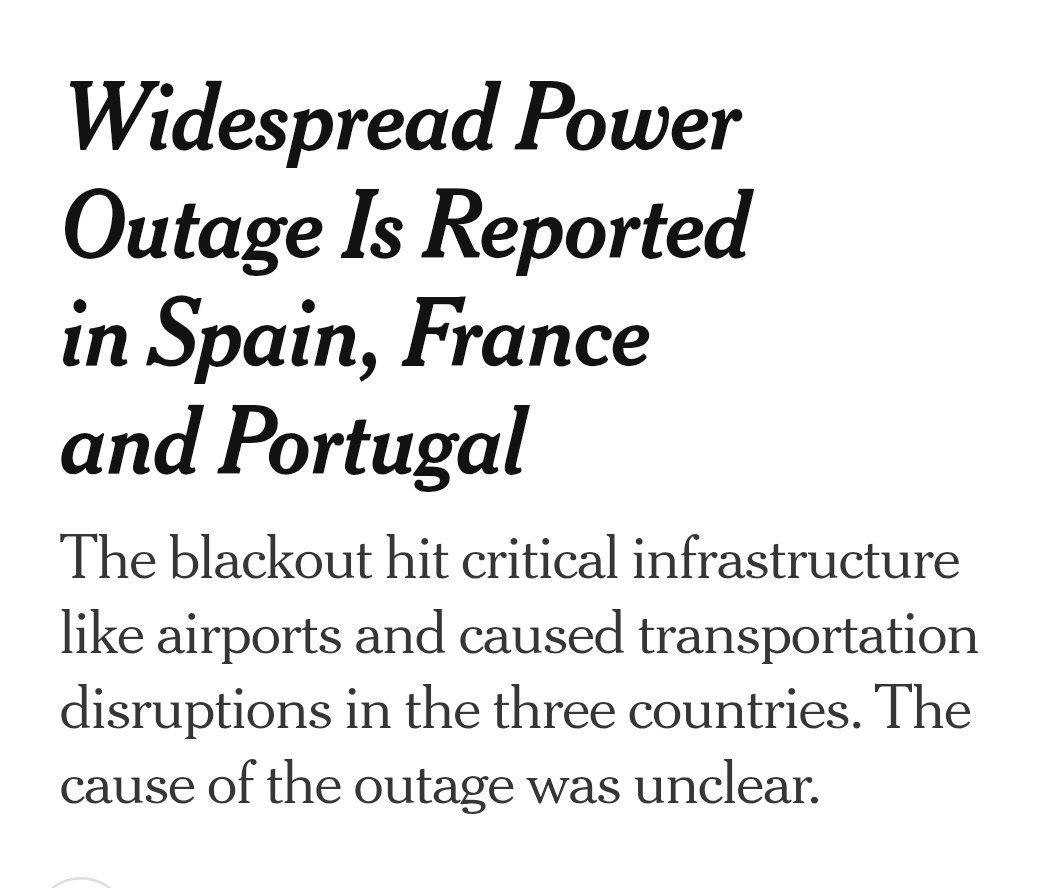aloyub's tweet photo. Hace poco, los opinólogos decían (desde la ignorancia), que "ojalá nos pasara lo de España".
En 🇪🇸 el sector eléctrico (privado) está quebrado, pide subsidios estatales y ahora vemos apagones masivos.
Que bueno que México cambió el rumbo y dejamos atrás ese modelo tan dañino.
👇 https://t.co/DpnpFQUiFb