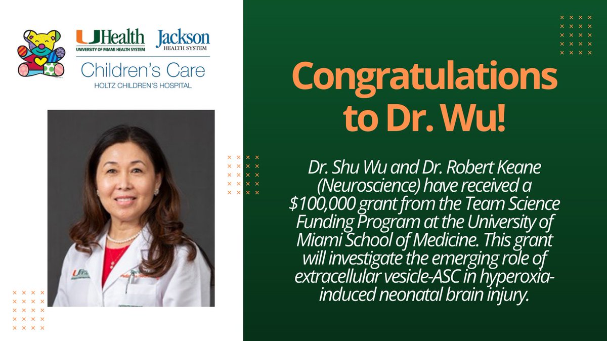 Big congrats to Dr. Shu Wu (Neonatology) &amp; Dr. Robert Keane (Neuroscience) on their $100K grant from UMMSOM’s Team Science Funding Program! Their research will explore extracellular vesicle-ASC in hyperoxia-induced neonatal brain injury. 👏🧠 

#Neuroscience #ResearchFunding