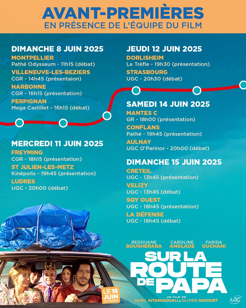 Le road-trip des avant-premières est ouvert ✨🚗
La tournée de #SurLaRouteDePapa est lancée, réservez votre place : bit.ly/surlaroutedepa…
Une comédie touchante avec <a href="/redouaneshow/">Redouane Bougheraba</a> et <a href="/carolineanglade/">Caroline Anglade</a>, réalisée par #OlivierDacourt et #NabilAitakkaouaIi.
Au cinéma le 18 juin !