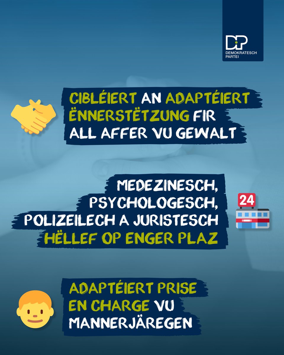 Demokratesch Partei (@dp_lu) on Twitter photo Eng Prioritéit vun der Ministesch <a href="/Yuriko_Backes/">Yuriko Backes</a> ass elo Realitéit. De Centre National pour Victimes de Violences suergt fir Hëllef op der Plaz.
Ob wéinst physescher, psychescher oder sexueller Gewalt, dës Ulafstell bitt déi néideg Ënnerstëtzung an eng global Prise en charge. 🤝 Eng Prioritéit vun der Ministesch <a href="/Yuriko_Backes/">Yuriko Backes</a> ass elo Realitéit. De Centre National pour Victimes de Violences suergt fir Hëllef op der Plaz.
Ob wéinst physescher, psychescher oder sexueller Gewalt, dës Ulafstell bitt déi néideg Ënnerstëtzung an eng global Prise en charge. 🤝