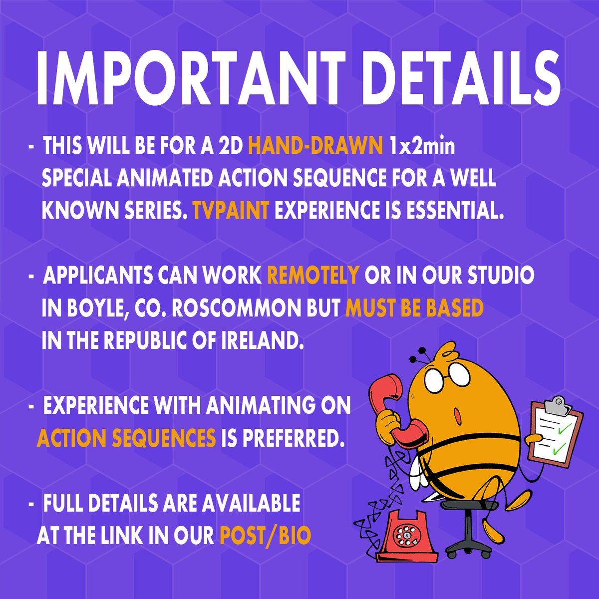 🐝WE'RE HIRING🐝

We're looking for some FX Animators for a 2D hand-drawn 1 x 2 mins special animated action sequence for a well known series from June 2025🎨

Full details and application available here:
forms.gle/b1QX5UQxMLpYpT…

Good luck!✌️

#animationjobs