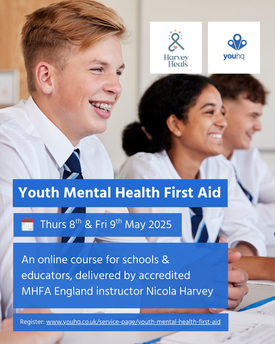 youHQ (@youhqforschools) on Twitter photo Don't miss out! There are still a few spaces left for our Youth Mental Health First Aid training on 8th and 9th May 2025 ๐จ
Join <a href="/MHFAEngland/">MHFA Englandยฎ</a> instructor Nicola Harvey and learn to recognise symptoms, provide support, and help young people.
Register now: youhq.co.uk/service-page/yโฆ Don't miss out! There are still a few spaces left for our Youth Mental Health First Aid training on 8th and 9th May 2025 ๐จ
Join <a href="/MHFAEngland/">MHFA Englandยฎ</a> instructor Nicola Harvey and learn to recognise symptoms, provide support, and help young people.
Register now: youhq.co.uk/service-page/yโฆ