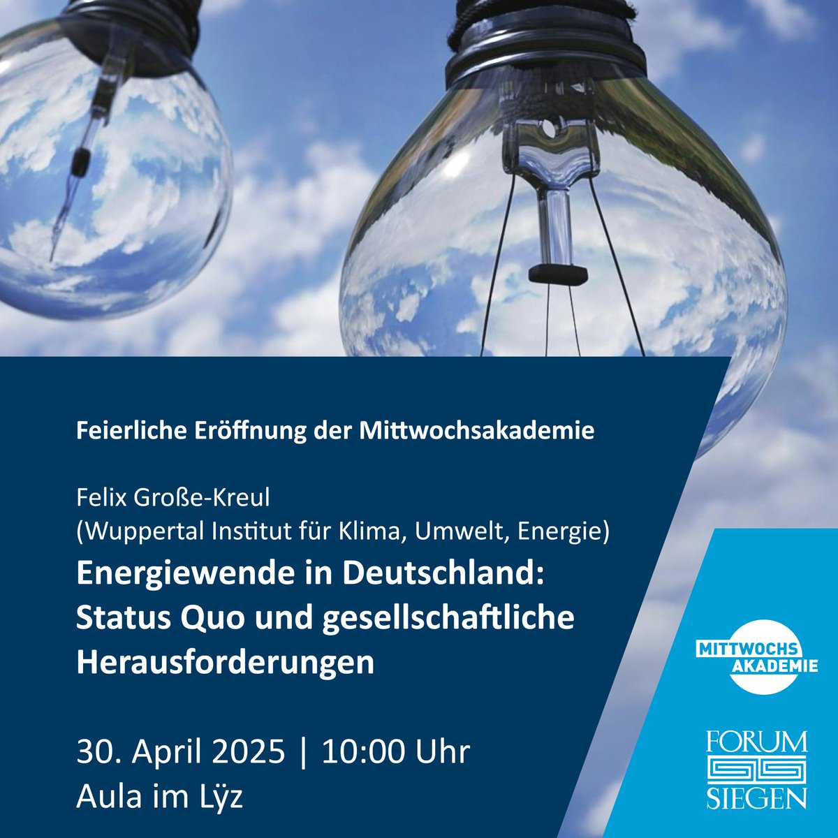 Am kommenden Mittwoch findet die feierliche Eröffnung der Mittwochsakademie statt -  mit einem Vortrag von Felix Große-Kreul (Wuppertal Institut)!

"Energiewende in Deutschland:
Status Quo und gesellschaftliche Herausforderungen"

Mittwoch, 30. April 2025 10 Uhr
Aula im Lÿz