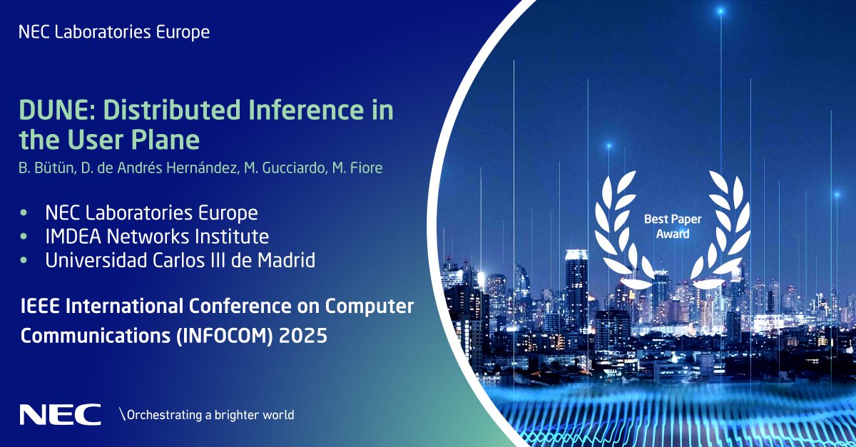 NECLabsEU's tweet image. Congratulations to B. Bütün, D. de Andrés Hernández, M. Gucciardo &amp;amp; M. Fiore from @NECLabsEU, @IMDEA_Networks &amp;amp; @uc3m on winning #BestPaperAward at INFOCOM 2025 for DUNE – a framework for deploying #ML models in #network user planes! Learn more: neclab.eu/research-group…. #NECLabs