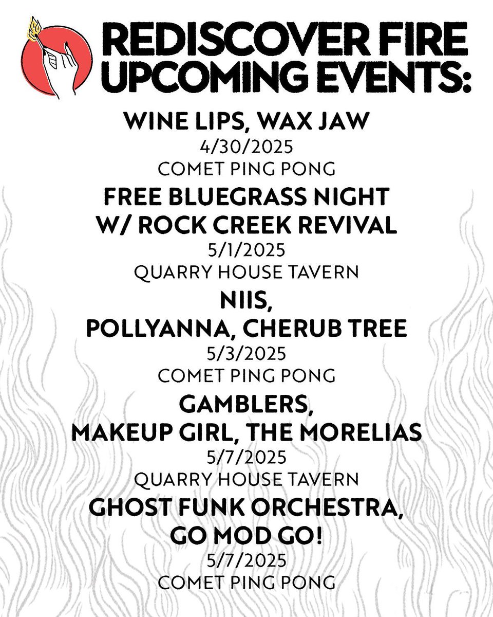 Rediscover Fire Booking (@rediscover_fire) on Twitter photo 🔥UPCOMING GIGS🔥
At <a href="/cometpingpong/">Comet Ping Pong</a> and Quarry House Tavern!
Check out the full schedule and get tickets here:
rediscoverfirebooking.com 🔥UPCOMING GIGS🔥
At <a href="/cometpingpong/">Comet Ping Pong</a> and Quarry House Tavern!
Check out the full schedule and get tickets here:
rediscoverfirebooking.com