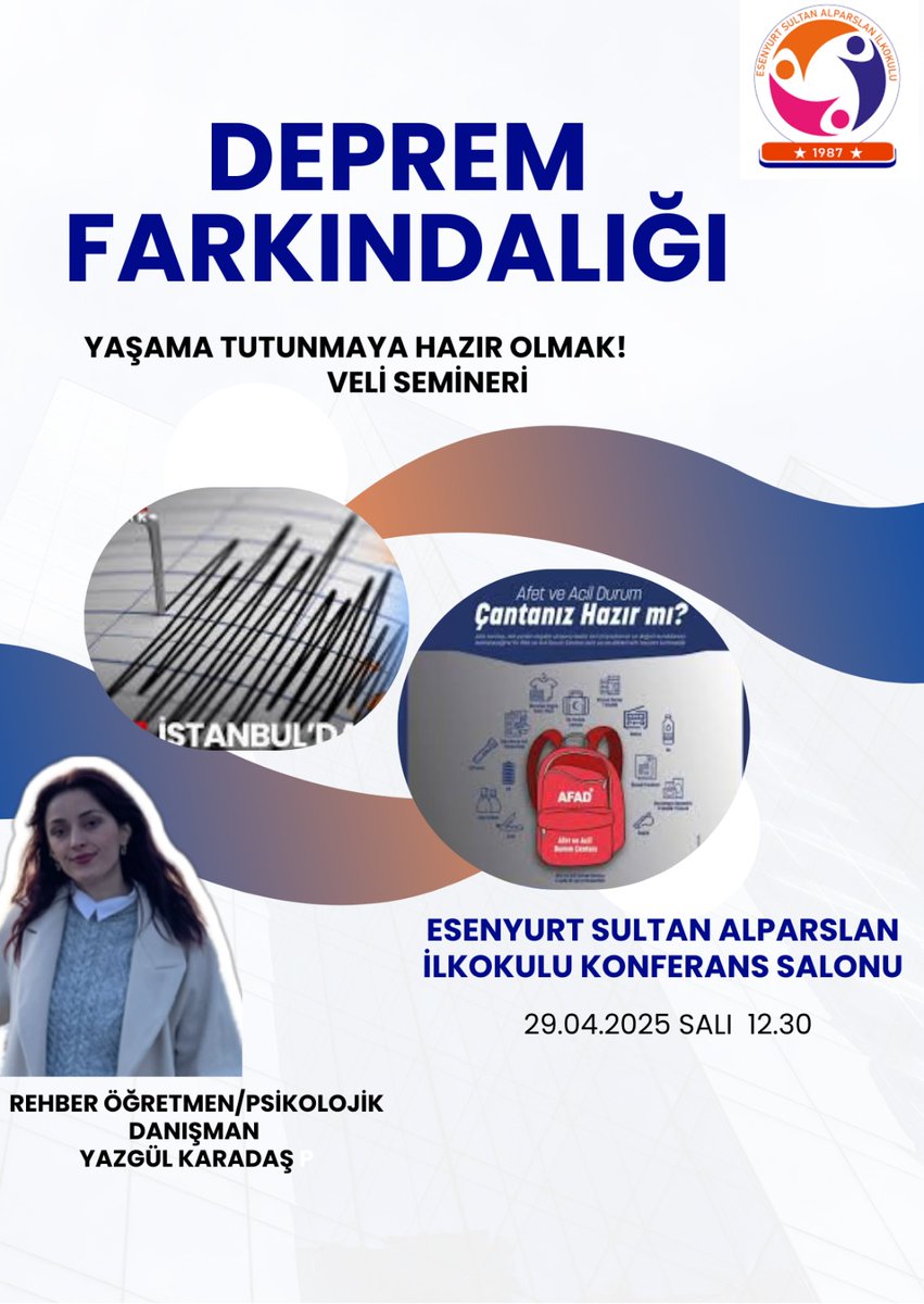 Okul psikolojik danışmanı Yazgül Karadaş Deprem Farkındalığı konulu veli seminerleri gerçekleştrecektir. Tüm velilerimizin katılımını bekliyoruz 🌸 <a href="/esenyurtmem/">Esenyurt İlçe Millî Eğitim Müdürlüğü</a> <a href="/EsenyurtRam/">Esenyurt RAM</a> <a href="/istanbulilmem/">İstanbul İl Millî Eğitim Müdürlüğü</a>