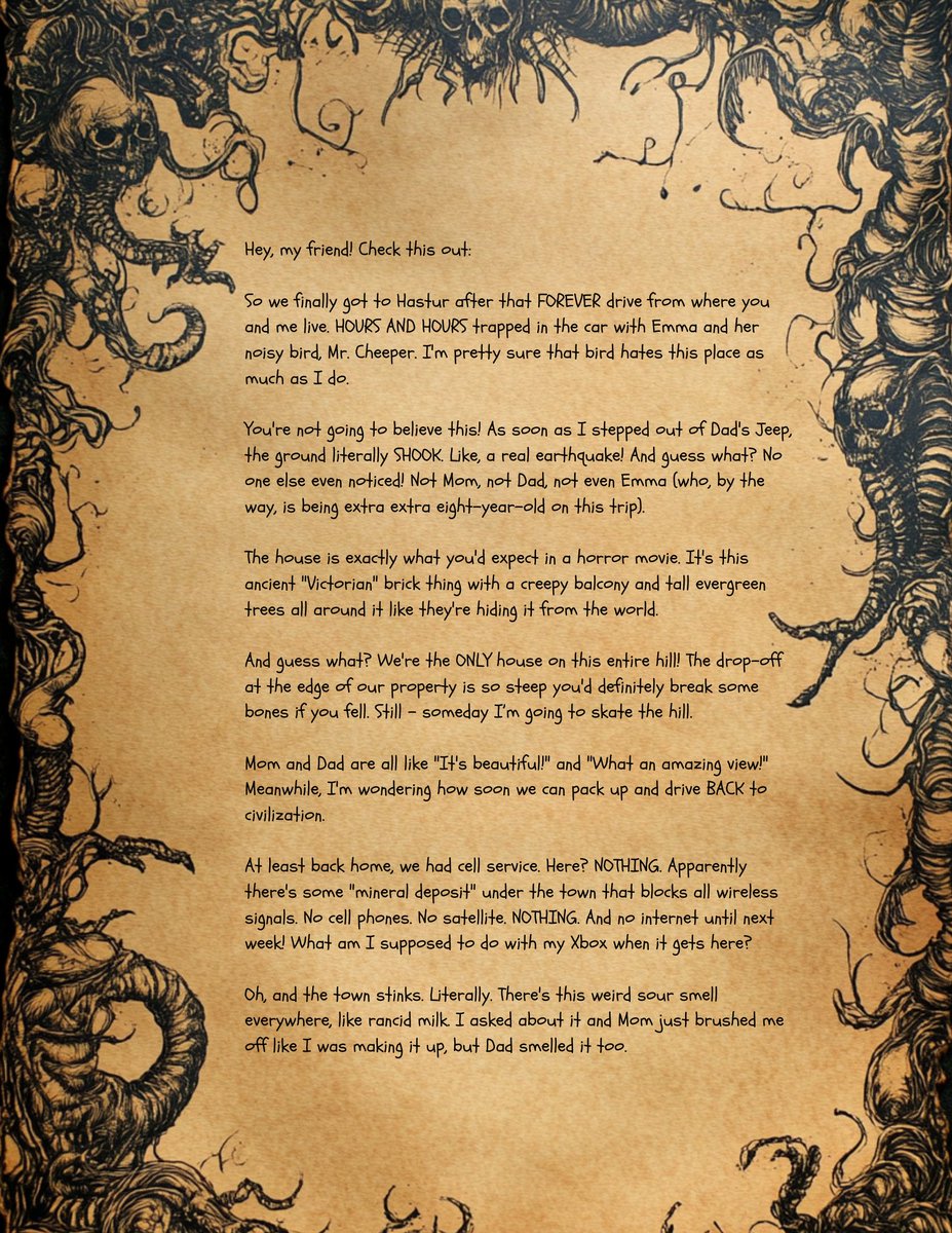 It all started with that mysterious black envelope in your mailbox...

Imagine your young reader at the mailbox.
Inside is a black envelope, addressed to them.
A letter from an old friend in the neighborhood.
Some spooky things are happening in his new town...
See for yourself!
