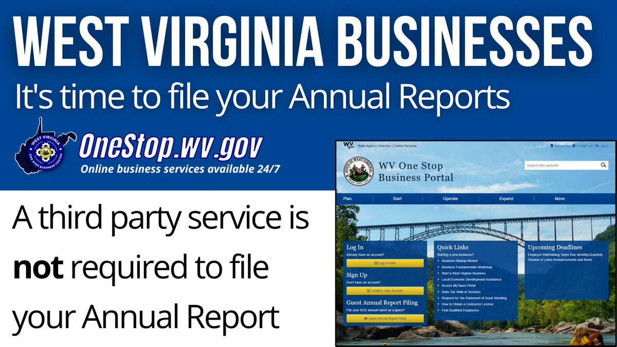 Annual reports for WV business owners can now be filed online and at any time by visiting OneStop.wv.gov.

This state-required filing is simple and easy to do yourself; you don't even need to make an account if you'd rather file as a guest. File early to avoid late fees!
