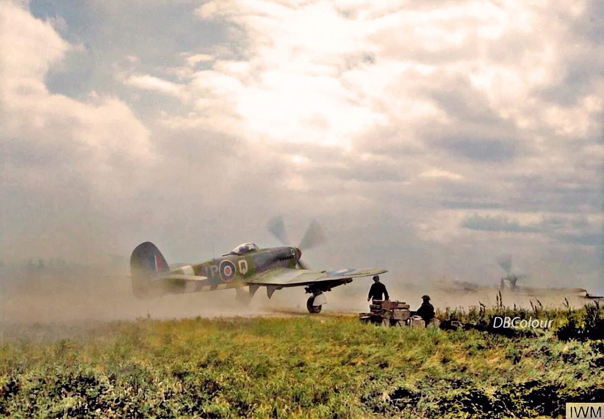 colour_history's tweet image. Hawker Typhoon Mark IBs of No.198 Squadron RAF, taxi through clouds of dust on the perimeter track at B10/Plumetot, Normandy. Mid July 1944.
Image: IWM (CL 472)