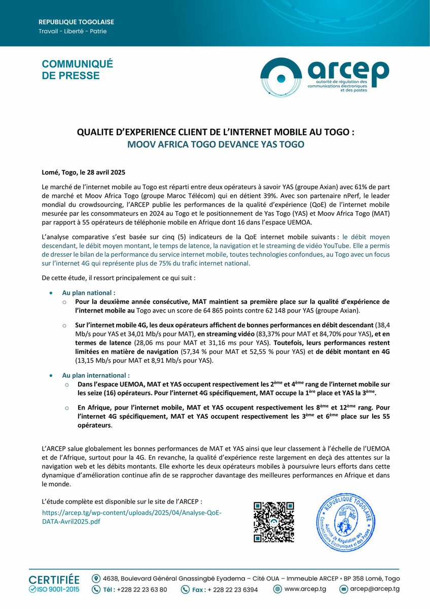 QUALITÉ D'EXPÉRIENCE CLIENT DE L'INTERNET MOBILE AU TOGO:
Moov Africa Togo DEVANCE Yas Togo 
Trouver le lien relatif à ce communiqué de presse via le lien ci-dessous :
arcep.tg/qualite-dexper…
Consulter l'étude complète en cliquant ici:
arcep.tg/wp-content/upl…
#ArcepTogo