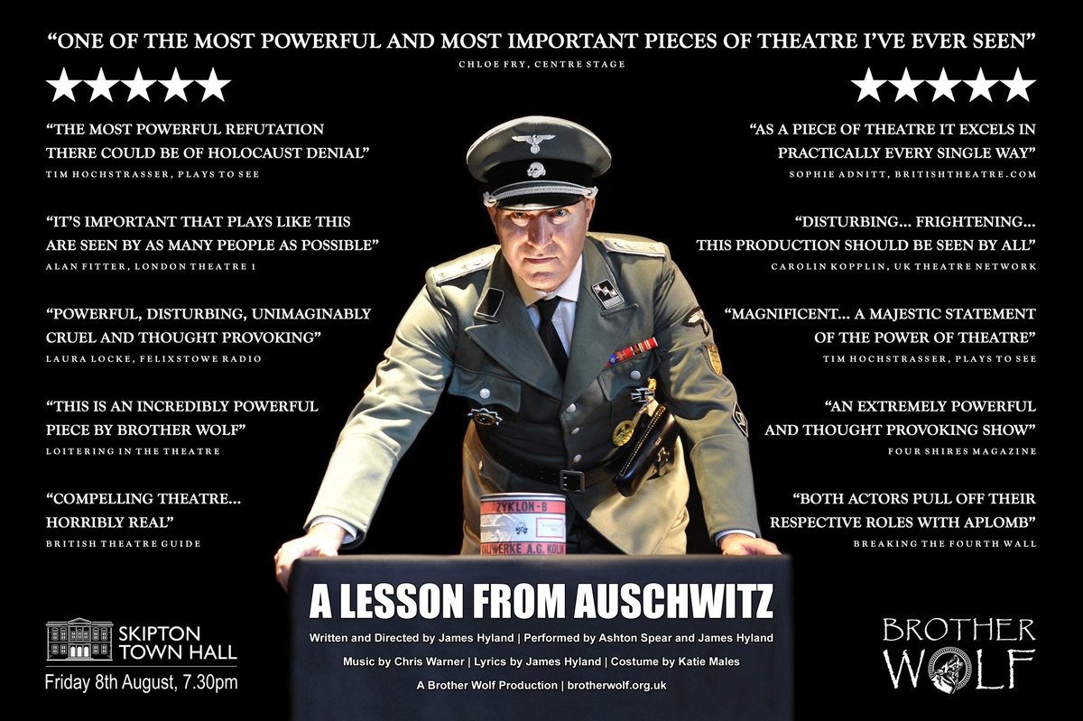 Brother Wolf (@brotherwolfuk) on Twitter photo The ticket link is now live for the performance of 'A Lesson from Auschwitz' at <a href="/SkiptonTownHall/">Skipton Town Hall</a>.
"the most powerful refutation there could be of Holocaust denial"
★★★★★ ~<a href="/PlaystoSee/">PlaysToSee</a>
BOOK HERE: shorturl.at/ZvdWw
#ALessonfromAuschwitz The ticket link is now live for the performance of 'A Lesson from Auschwitz' at <a href="/SkiptonTownHall/">Skipton Town Hall</a>.
"the most powerful refutation there could be of Holocaust denial"
★★★★★ ~<a href="/PlaystoSee/">PlaysToSee</a>
BOOK HERE: shorturl.at/ZvdWw
#ALessonfromAuschwitz