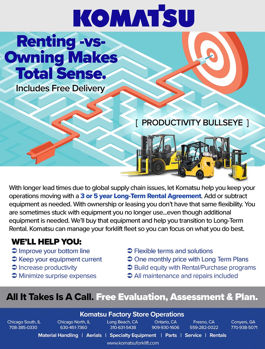 Long-Term Rental Makes Financial Sense. And it Includes Free Delivery!  Add or subtract equipment as needed. With ownership or leasing you don’t have that same flexibility. You are sometimes stuck with equipment you no longer use. We’ll buy that equipment and help you transition.