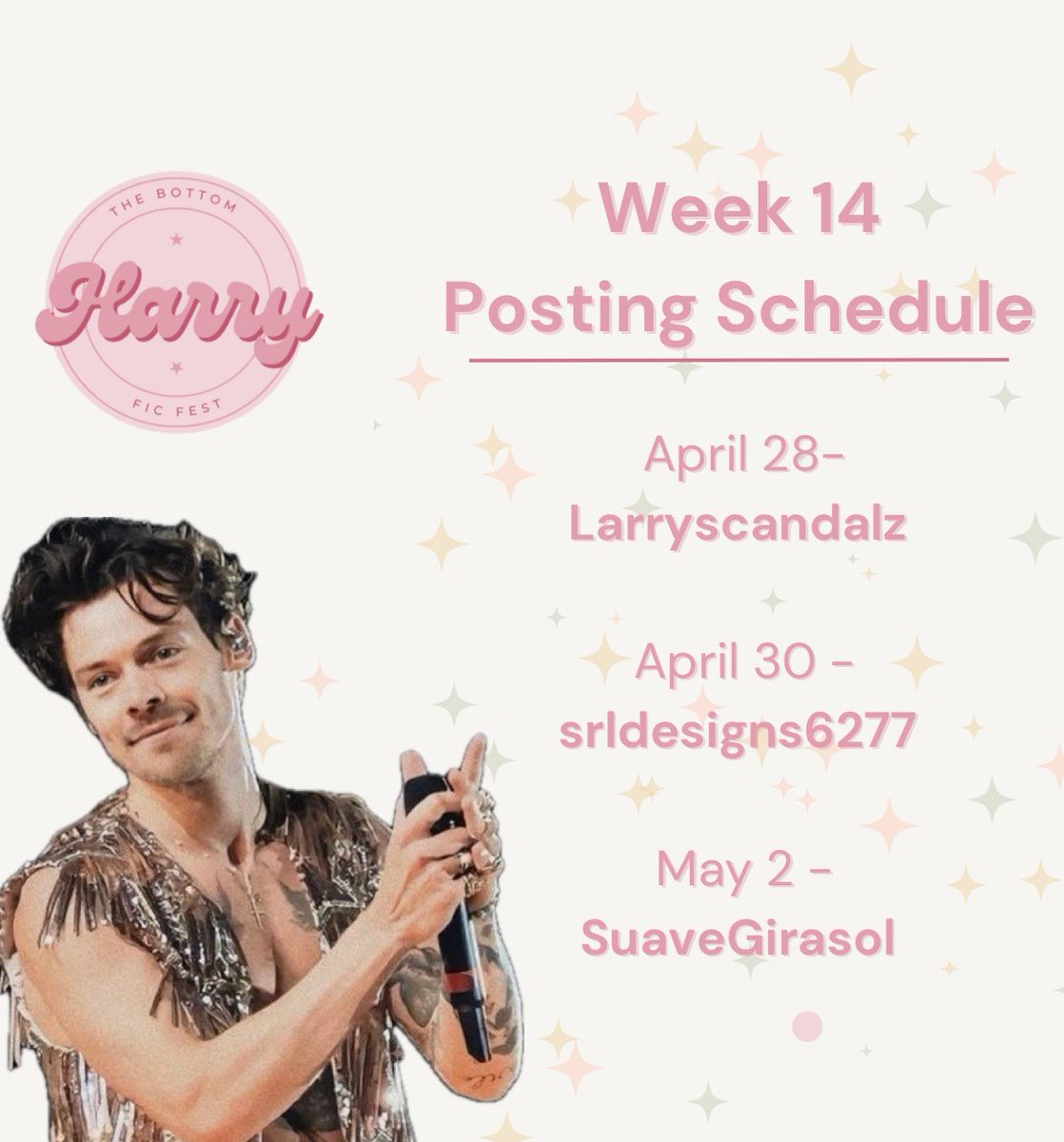 BHarryFest's tweet image. WELCOME TO THE FINAL WEEK OF THE BHFF! 🤍🌸
Here is our schedule for the week! Find authors, posting dates, and fic summaries below.
@larryscandalz @/srldesigns6277 @FlowerryTums