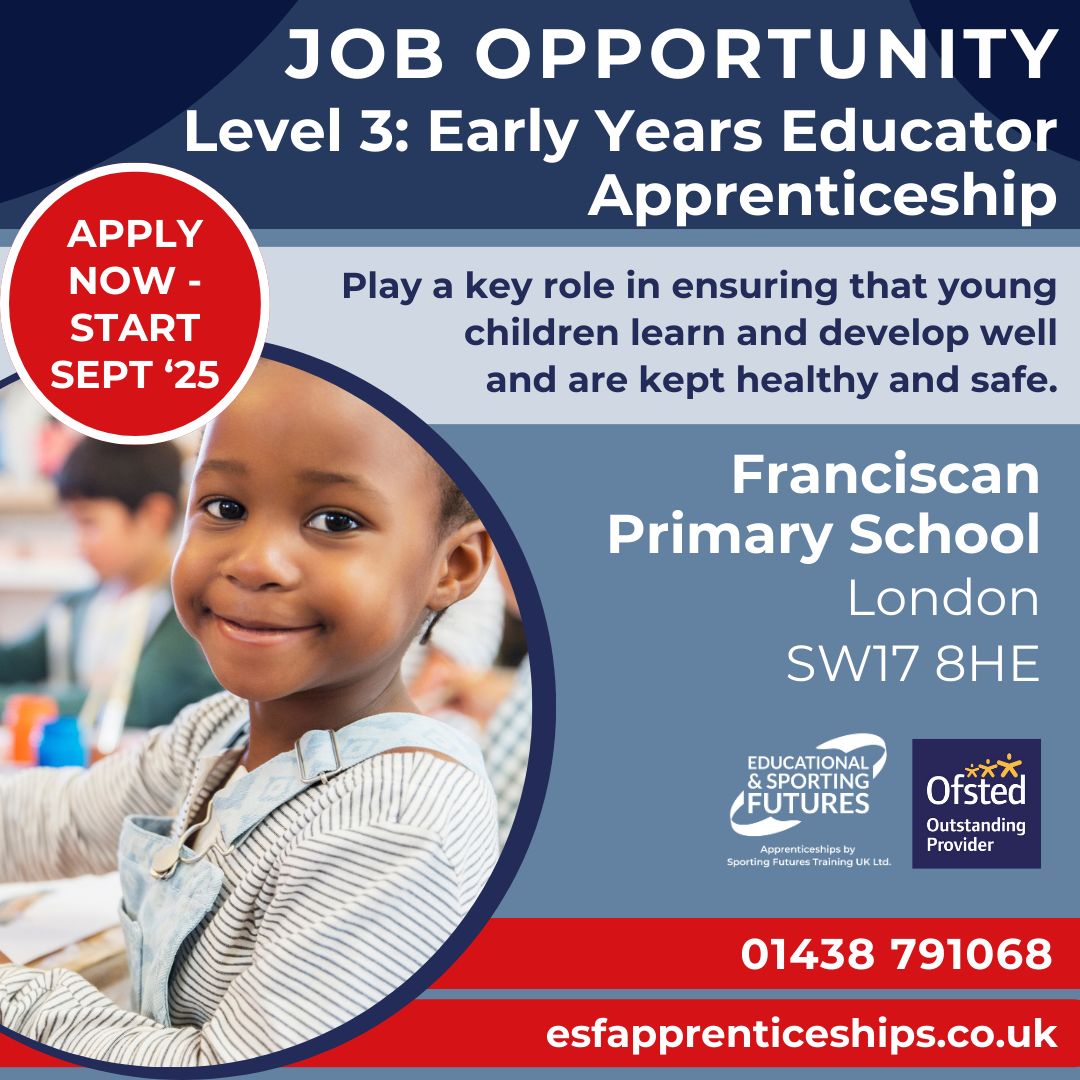 Are you looking to start your career in the education sector? Starting September 2025, we have a new #apprenticeship opportunity to work as an Early Years Educator at Franciscan Primary School, London  SW17 8HE.  Apply now! findapprenticeship.service.gov.uk/apprenticeship…