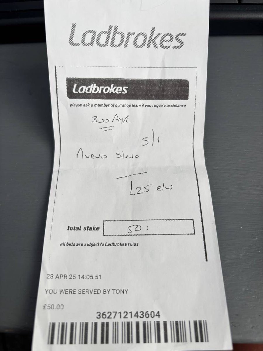 Tipped by TONY 6/1 

Served by TONY at Ladbrokes 5/1 

Tony is the man he keeps tipping winners here 😱💷👇🏾

t.me/+8VAQhLeC8cU0M…